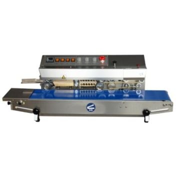 SealerSales HL-M810I Horizontal Dry Ink Coding Continuous Band Sealer features a stainless steel frame with a blue conveyor belt and control panel for sealing and coding packages continuously.