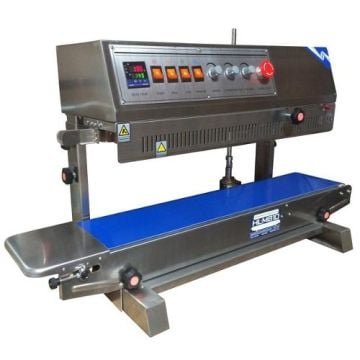 The SealerSales HL-M810II Vertical Dry Ink Coding Continuous Band Sealer is shown with its stainless steel body, control panel featuring various buttons and lights, and a blue conveyor belt for sealing and coding applications.
