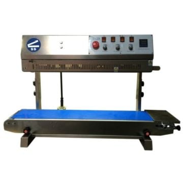 SealerSales Impresse FRM-1010II Vertical Dry Ink Coding Continuous Band Sealer with a stainless steel body, control panel featuring multiple buttons and knobs, and a blue conveyor belt for sealing operations.
