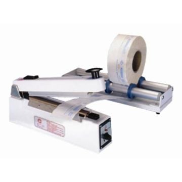 A SealerSales KF-Series 8" Hand Impulse Sealer with Sliding Cutter, featuring a white body, a sealing arm, and a roll holder with a roll of sealing material mounted on metal rollers.