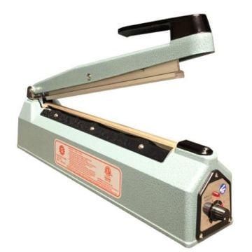 A SealerSales KF-Series 12" Hand Impulse Sealer with a metal body, adjustable heat dial, and black handle, designed for sealing plastic bags.