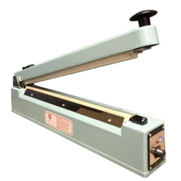 A SealerSales KF-Series 16" Hand Impulse Sealer with Sliding Cutter, featuring a light green body, adjustable knob, and a heat-sealing bar in an open position, designed for precise bag sealing.