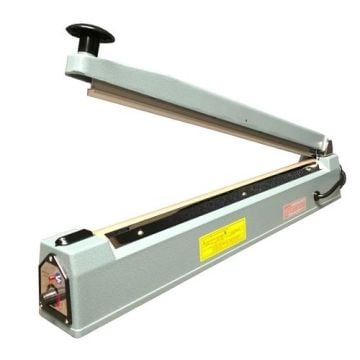 A SealerSales KF-Series 20" Hand Impulse Sealer with a gray metal body, a black knob for operation, and visible yellow safety and operational labels.