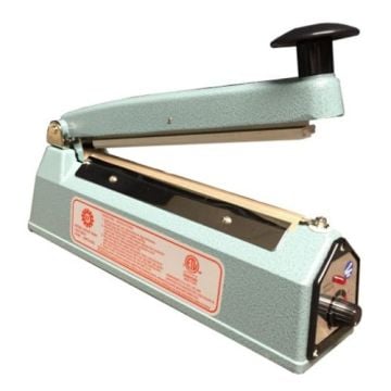 A light green SealerSales KF-Series 8" Hand Impulse Sealer with a black handle, control knob, and labeled instructions on the side, designed for sealing plastic bags.