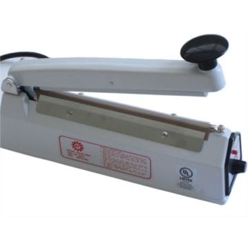 A close-up view of the SealerSales KF-200H White 8" Hand Impulse Sealer with a 2mm seal width, featuring its metal sealing bar, adjustment knob, and clear labeling on the side.