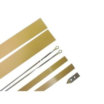 The SealerSales Replacement Kit for KF-500HC Hand Impulse Sealer includes two wide brown non-stick Teflon strips, two thinner Teflon strips, two heating element wires with connectors, and a small metal cutter blade, all neatly arranged on a white backgrou