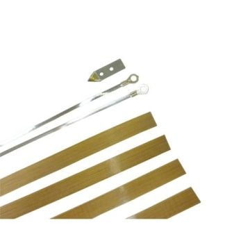 The SealerSales Replacement Kit for W-750IC I-Bar Sealer with Cutter includes four brown non-stick Teflon strips, a heating element wire with connectors, and a small metal cutter blade, all neatly arranged on a white background.