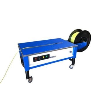 A blue SealerSales SM-101-DA General Purpose Low Profile Strapping Machine with a roll of yellow strapping material mounted on its side and control buttons on the front panel, positioned on caster wheels.