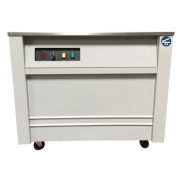 A white SealerSales SM-101 Semi-Automatic Strapping Machine with a flat stainless steel top, control panel featuring indicator lights and switches, and mounted on wheels for mobility.