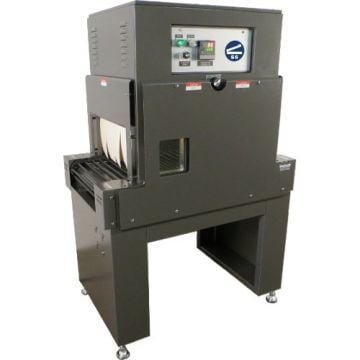 A black SealerSales ST-1808-28 Heat Shrink Tunnel with a compact design, featuring a control panel, conveyor system, and adjustable legs for stability.