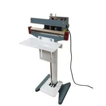 A SealerSales KF-Series 24" Foot-Operated Impulse Sealer featuring a sturdy metal frame, white foot pedal, and integrated heating element for sealing materials, shown with an attached platform and electrical cord.