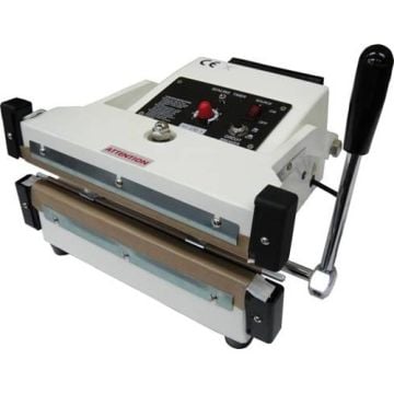 SealerSales W-2510HT 10" Hand Press Double Impulse Sealer, featuring a white rectangular body with a control panel, red knob, and a sturdy metal lever for manual operation.