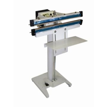 A SealerSales W-450T 18" Double Impulse Foot-Operated Sealer with a sturdy metal frame, dual sealing bars, and an adjustable worktable designed for efficient packaging tasks.