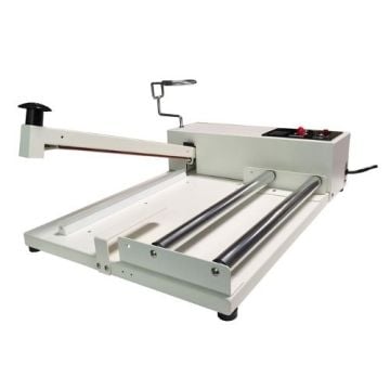 A SealerSales W-Series I-Bar Sealer with Film Roller and Round Wire, featuring a compact white design with dual metal rollers, a film guide, and a lever arm for precise sealing.