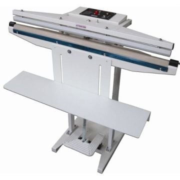 A SealerSales WN-900F 35" Extra-Long Foot-Operated Impulse Sealer with a 2.7mm seal width, featuring a sturdy white metal frame, a foot pedal mechanism, and a wide sealing arm with control buttons on the top panel.