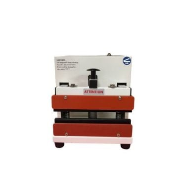 SealerSales WNS-200D 8" Table-Top Direct Heat Sealer w/ PTFE Coated Meshed Seal, featuring a compact design with a red and white exterior, a central lever, and attention label for secure sealing.