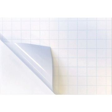 A white self-stick adhesive 3/16" foam board (24" x 36") with a glossy peel-back layer partially removed, revealing a grid-lined backing.