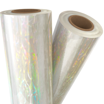 Two rolls of Shimmering Water Transparent Holographic Laminating / Toner Fusing Foil showcasing a vibrant iridescent finish.