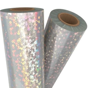 Two rolls of Bubbles Silver Holographic Laminating / Toner Fusing Foil with a shimmering, reflective surface featuring bubble-like patterns.