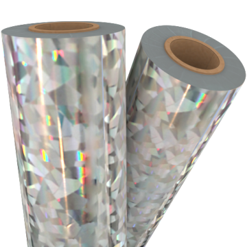 Two rolls of Cracked Ice Silver Holographic Laminating / Toner Fusing Foil with a shimmering, reflective surface.