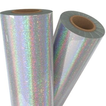 Two rolls of Pixie Dust Silver Holographic Laminating / Toner Fusing Foil showcasing their shimmering, iridescent surface.