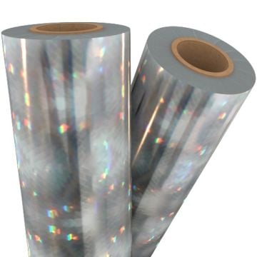 Two rolls of Scales Silver Holographic Laminating / Toner Fusing Foil with a reflective, shimmering finish.