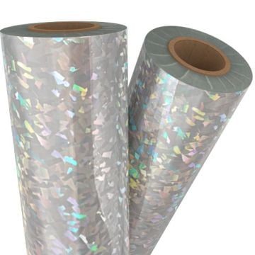 Two rolls of Shattered Glass Silver Holographic Laminating / Toner Fusing Foil with an iridescent pattern reflecting vibrant colors.