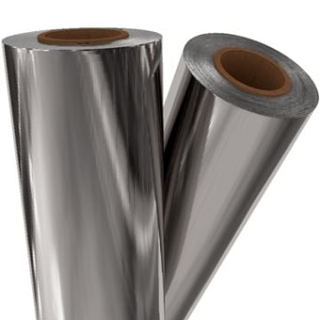 Two rolls of Silver Metallic Laminating / Toner Fusing Foil with a reflective surface and cardboard cores.