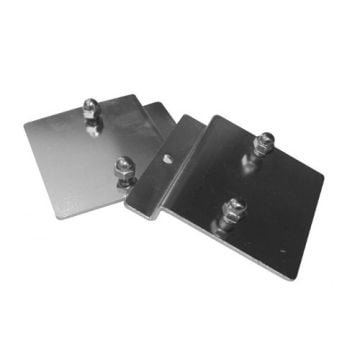 Two metal slatwall mounting brackets with a smooth finish and bolts for installation.