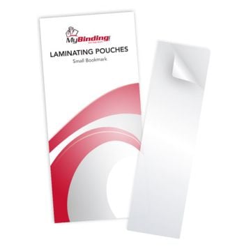 Package of 1-3/8" x 5-1/2" Bookmark Laminating Pouches with a clear bookmark example shown.