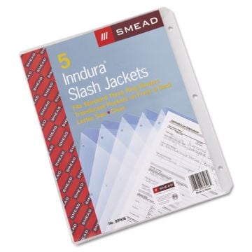 Smead Translucent Binder Slash Jackets, featuring five three-hole punched clear jackets for organizing documents.
