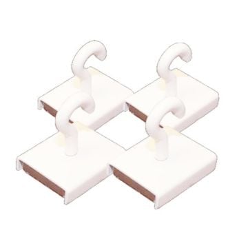 Four white interlocking Sooper Ceiling Hooks - Pack of 4 arranged in a cross pattern, featuring curved hooks on square bases designed for secure ceiling attachment.
