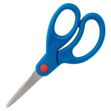 Blue-handled Sparco 5" Kids Bent Tip Scissors with a red pivot point and stainless steel blades designed for safety and ease of use.