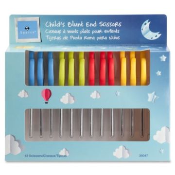 A package of Sparco 5" Kids Blunted Tip Scissors (Assorted) featuring 12 colorful scissors with red, blue, and yellow handles, displayed in a whimsical sky-themed box with clouds, a moon, and a hot air balloon.