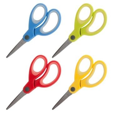 Four colorful Sparco 5" Kids Pointed Tip Scissors (Assorted) with blue, green, red, and yellow handles arranged against a white background.
