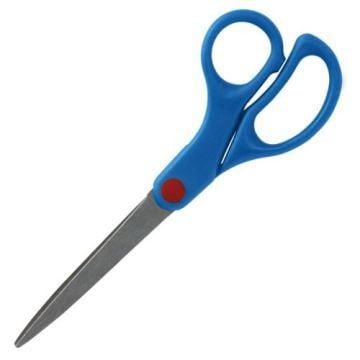 Sparco 7" Kids Straight Scissors featuring blue plastic handles, a red pivot point, and straight stainless steel blades for precise cutting.