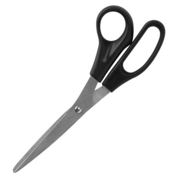A pair of Sparco 8" Bent Multipurpose Scissors with a sleek black plastic handle and sharp stainless steel blades, designed for precise cutting tasks.