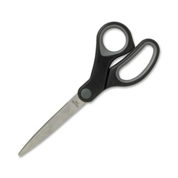 Sparco 8" Straight Stainless Steel Scissors with Rubber Handle featuring durable black ergonomic grips with gray accents and sharp straight stainless steel blades for efficient cutting tasks.