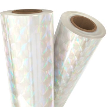 Two rolls of Spin Transparent Holographic Laminating / Toner Fusing Foil with a shimmering geometric pattern and a glossy finish.