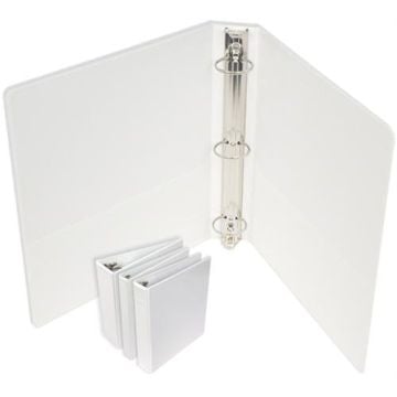 Standard White Round Ring Clear View Binders in different sizes, with one binder open displaying its metal rings.