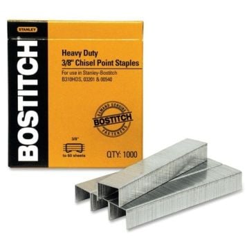 Box of Stanley Bostitch 3/8" Chisel Point Staples with a stack of staples in front, designed for heavy-duty stapling.