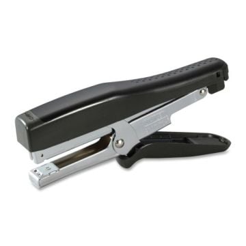 A Stanley Bostitch AntiJam Heavy Duty Plier Stapler with a black handle and silver metal body.