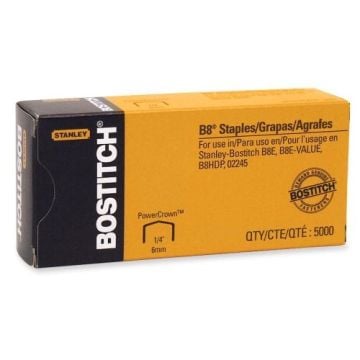 A box of Stanley Bostitch B8 PowerCrown Staples, containing 5,000 1/4 inch (6mm) staples.