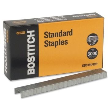 A box of "Stanley Bostitch Chisel Point Standard Staples" with a strip of staples placed in front of it.