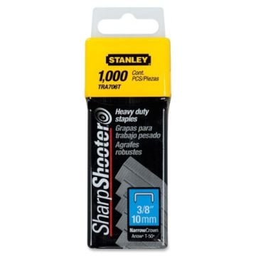 Stanley Sharp Shooter Heavy Duty 3/8" Staples in a 1,000-piece pack with black and yellow packaging.