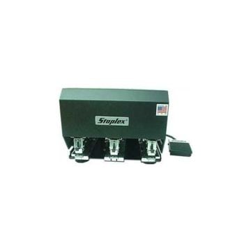 The Staplex S-630NFS Triple Headed Electric Stapler with Foot Switch, showcasing its three stapling heads and attached foot pedal.
