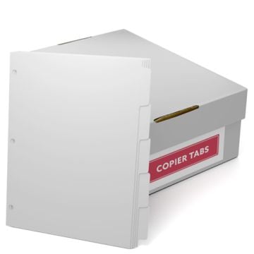 Box of MyBinding Straight Collated 90lb Plain Paper Copier Tabs with 3 Holes Punched, featuring blank, durable tab dividers.