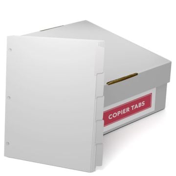 A box containing MyBinding Straight Collated 90lb Mylar Coated Copier Tabs with 3 Holes Punched, featuring blank tab dividers ready for labeling and organization.