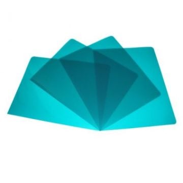 8.5" x 11" Stripe Poly Binding Covers shown in translucent blue, fanned out to display their flexibility and durable material.