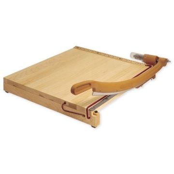 A Swingline Ingento 15" x 15" Maple Guillotine Cutter with a wooden base and a metal arm for precise paper cutting.